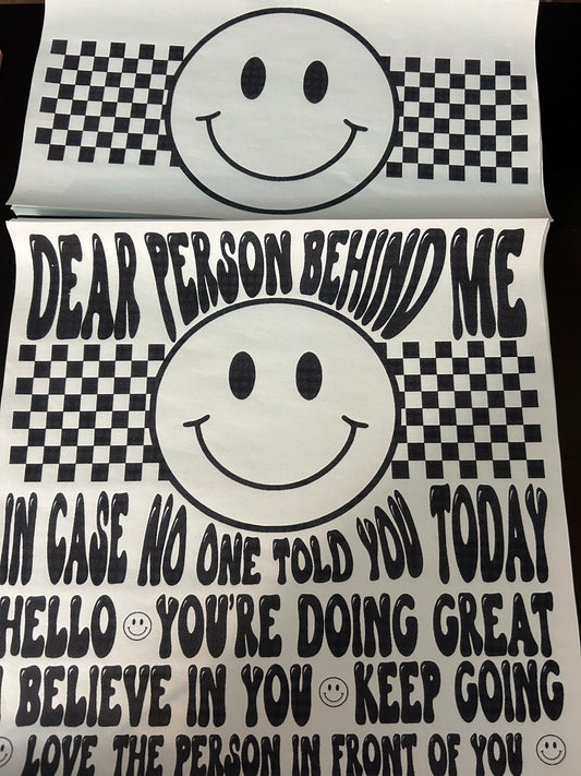 Dear Person Behind You Front and back